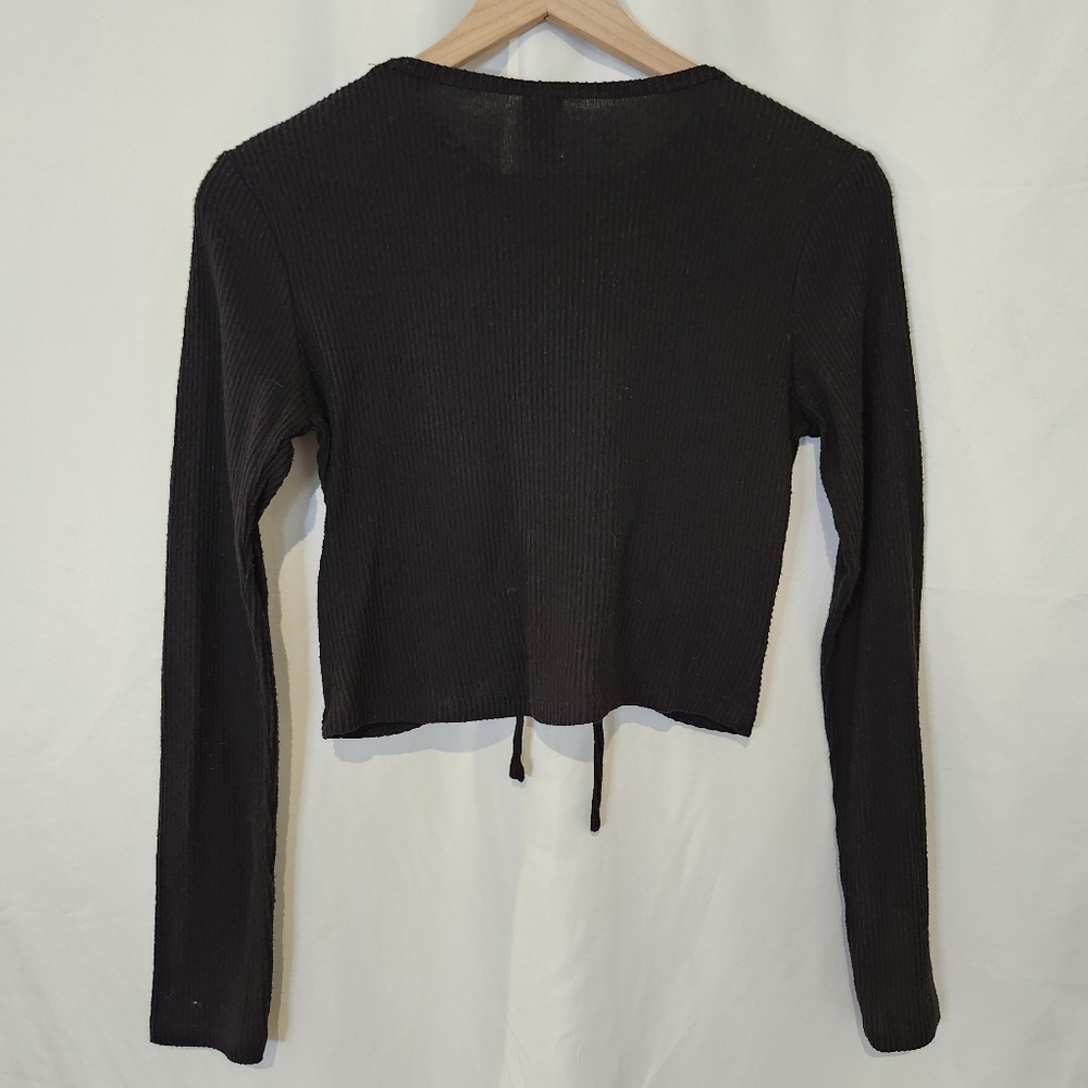 Black Split Front Ribbed Crop Top Womens Small Grunge Going‎ Out Indie Sleeze - Picture 7 of 7